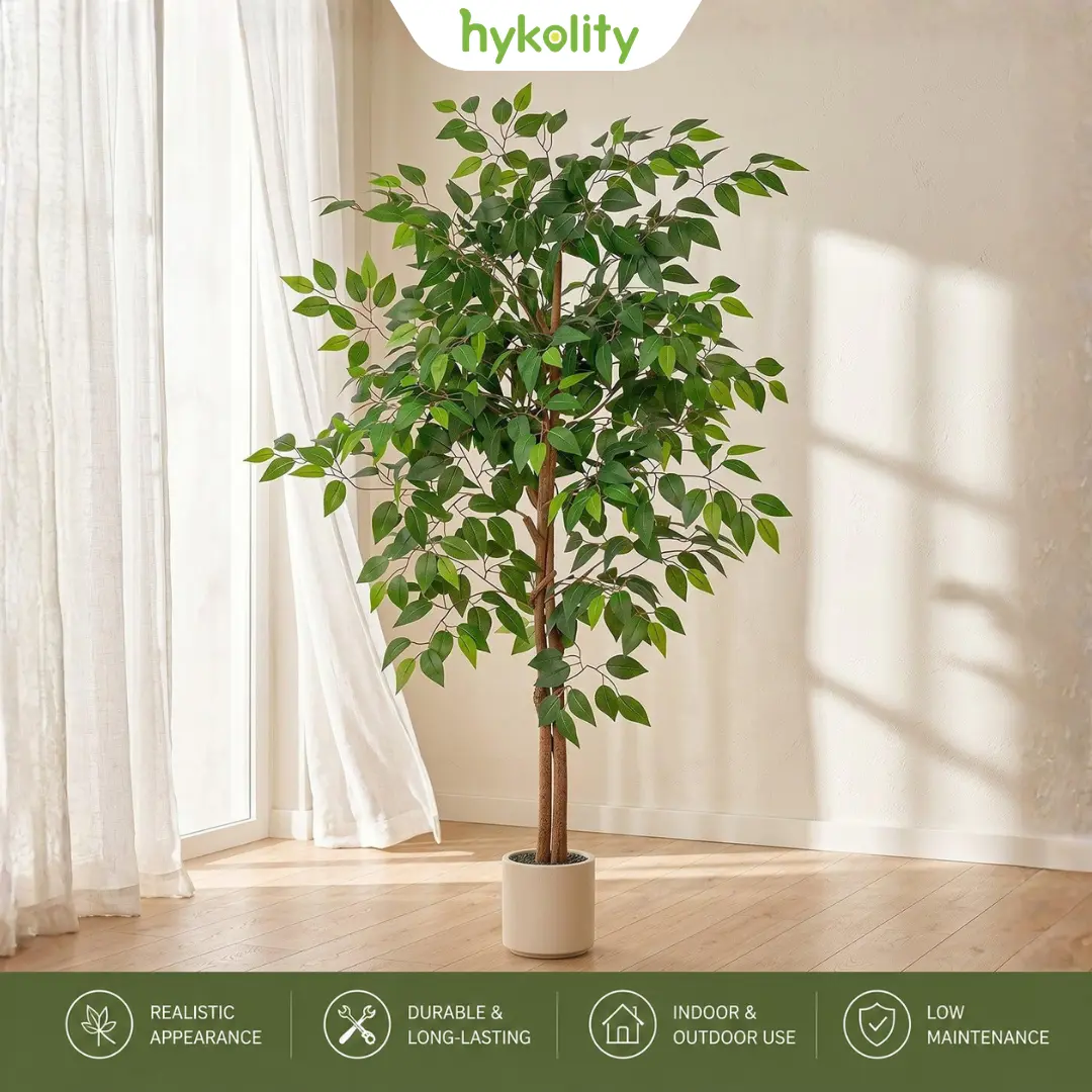 Romswi 5FT 6FT Artificial Ficus Tree with White Planter, Realistic Faux Silk Plant, Indoor Outdoor Decorative Tree for Home, Office, Living Room, Porch & Garden