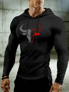 Men's Long Sleeve Hooded T-Shirt, Drawstring Stretch Comfort Design, Fashion Bull Print, Casual Fitness Sport Daily Wear