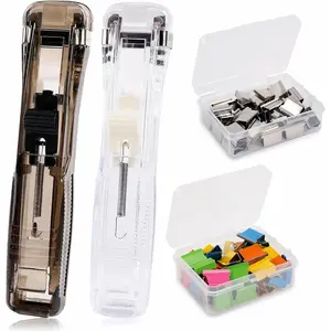 2 Pcs Portable Handheld Paper Clam Clip Dispenser with 100 Pcs Refills, Mini Push Stapler Dispenser Paper Clamps for Fixing Documents