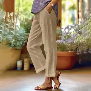Women's Loose-Fit Solid Color Elastic Waist Pocketed Straight-Leg Nine-Quarter Cotton-Linen Casual Pants