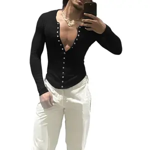 INCERUN Men's Deep V-Neck Long Sleeve T-Shirt Slim Fit Muscle Tee Button Down Ribbed Top Sexy Clubwear Party Outfit Valentine's Date Night Henley