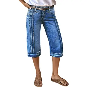 Flamingals Wash Stitch Detail Mid Waist Straight Leg Capri Jeans Womenswear Stretchy 18.1" Inseam