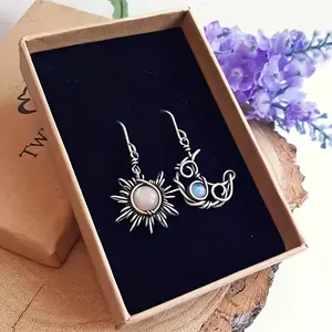 1 pair of Bohemian style sun and moon earrings, retro synthetic moonstone asymmetrical earrings