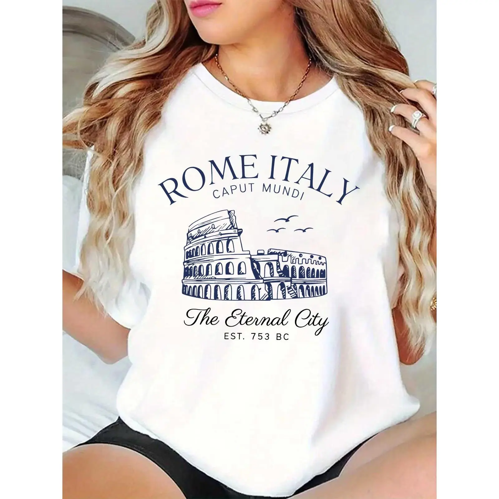 Women's Rome Italy Colosseum Graphic T-Shirt | Caput Mundi The Eternal City EST 753 BC Print | Casual Travel Vacation Daily Outfit for Ladies