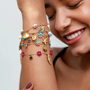 Ocean Boho Bracelet 18K Gold-Plated with Colorful Stone Charms for Stylish Accessory