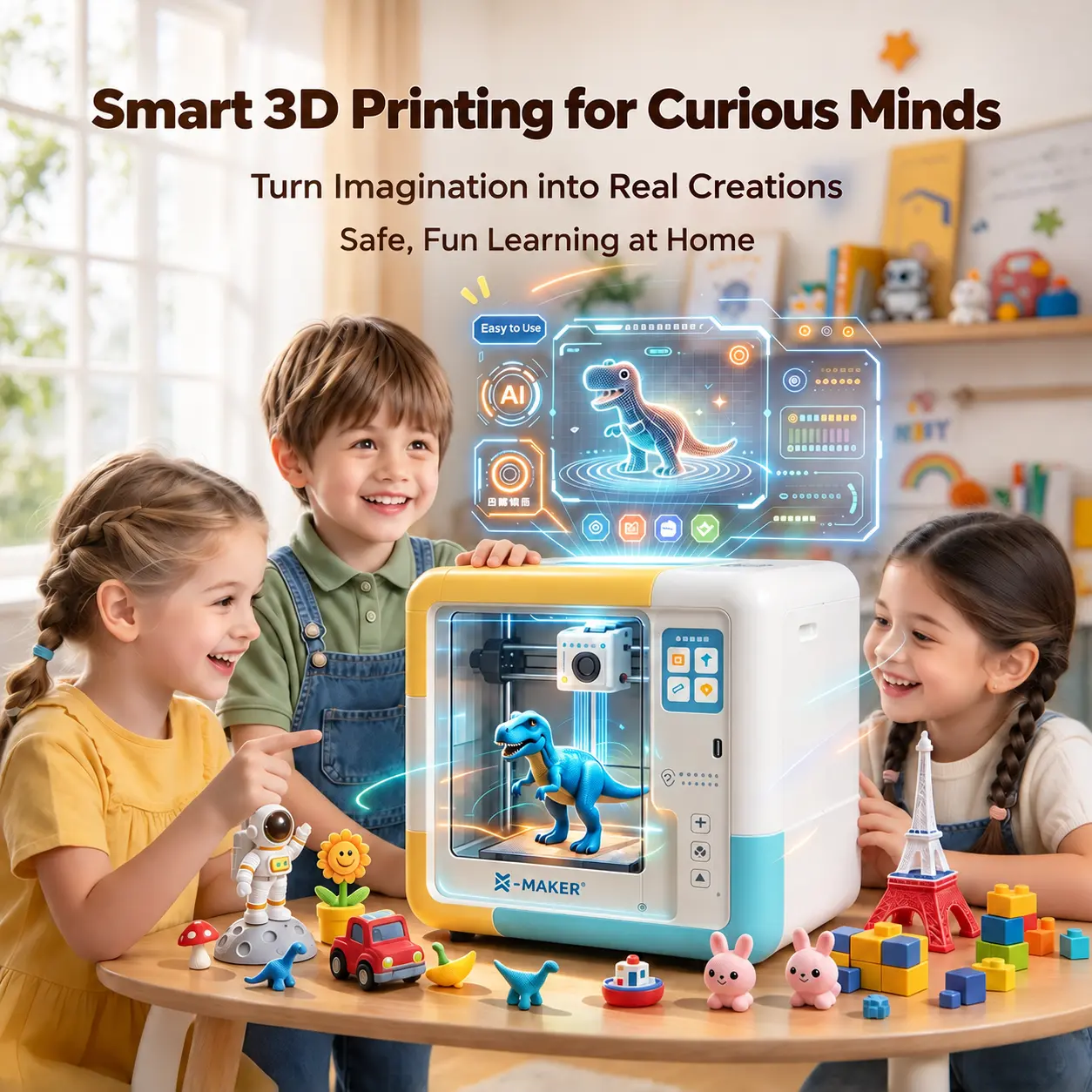 AOSEED X-MAKER AI-Powered 3D Printer - Fully Assembled Fully Enclosed Design, 400mm/s Speed, Voice Input, Built-in Camera, Auto Time-Lapse, 15+ Mini Apps, Home-Safe Certified, No Design Skills Needed, Plug-and-Play for Office Upgrade & Kids