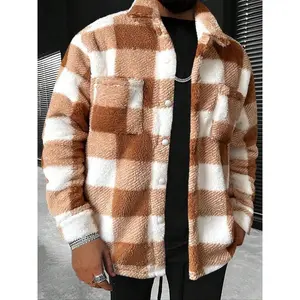 Men's Plaid Print Button Front Plush Jacket, Loose Casual Long Sleeve Collared Fuzzy Outerwear for Fall & Winter, Men's Clothes for Daily Wear