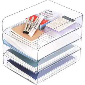 Set of 4 Clear PET Letter Tray Desk Organizers-Stackable Office Organization and Storage for Desk Accessories, Notes, Pens, File Paper, Document