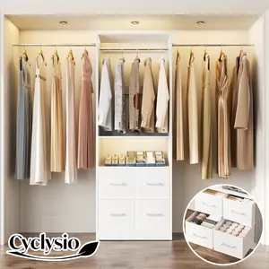 Cyclysio 8FT Closet System, 96 Inch Closet Organizer System with 4 Fabric drawers, Heavy Duty Clothing Rack with Hanging Rods, Walk In Mounted Closet System, Built-In Clothes Garment Rack, White/Black