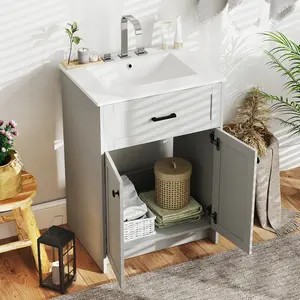 COSTWAY - Bathroom Vanity Unit with Basin and 2 Doors-Gray