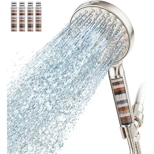 Filtered Shower Head with Handheld High Pressure 9 Spray Mode Showerhead Detachable Shower Head Water Softener Filters Beads for Hard Water Remove Chlorine 4 Filters Brushed Nickel