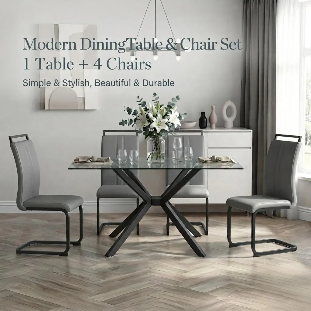 Modern 5-Piece Dining Table Set Clear Glass Table + 4 PU Leather Chairs, Space-Saving Kitchen Furniture for Apartment Dining Room, Easy Clean Grey Chair Set
