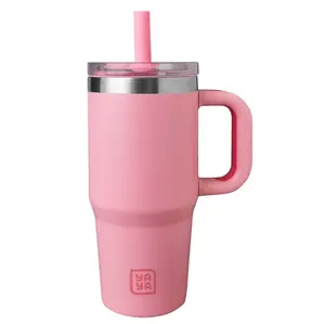 YAYA My First Travel Tumbler for Preschool & Kids 3+, Insulated Stainless Steel Tumbler with Reusable Silicone Straw & Spill-Proof Lid, Cup Holder Compatible, BPA-Free, 12oz, Pink