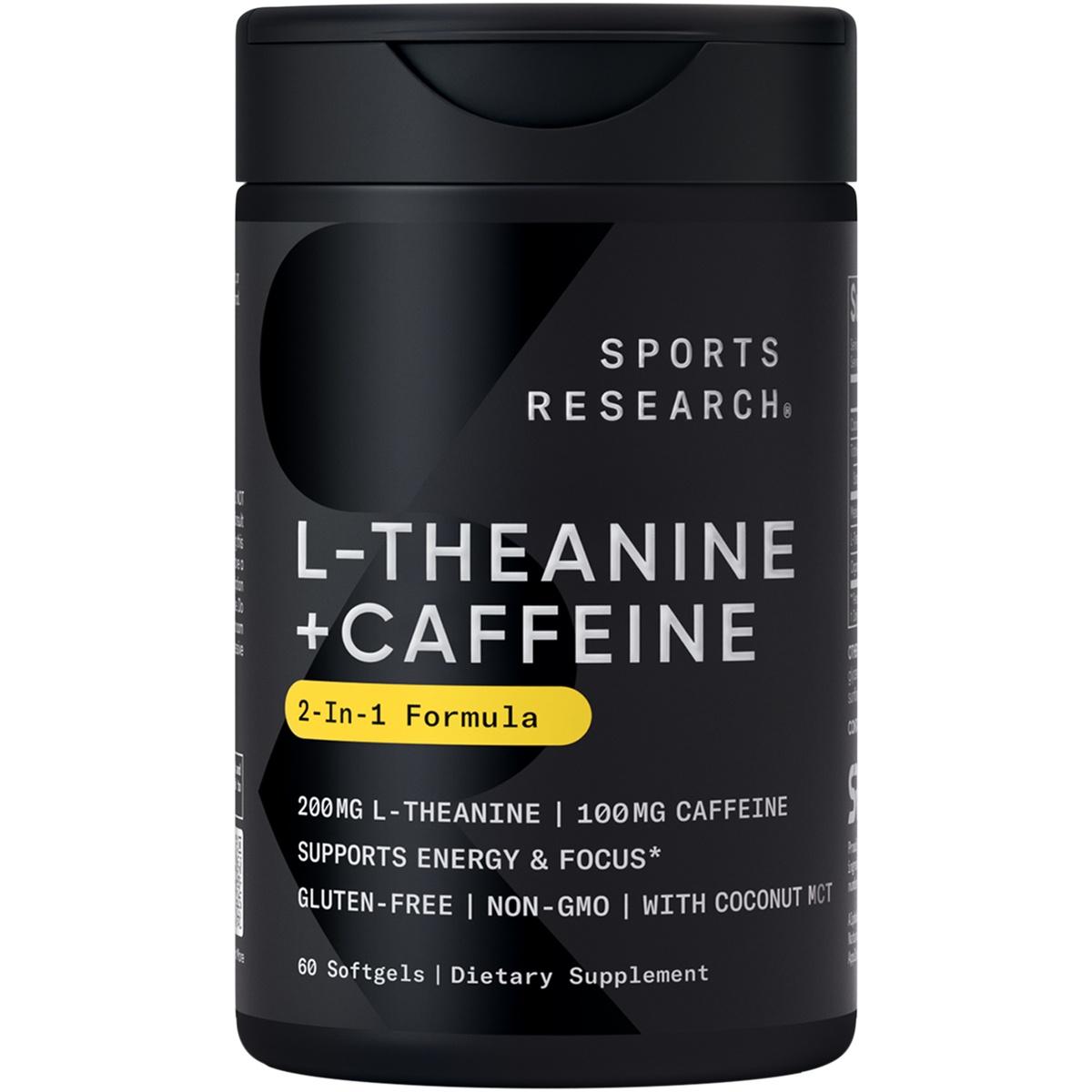 Sports Research L-Theanine Supplement with Caffeine & Coconut MCT Oil - 200mg L Theanine - 100mg - 60 Liquid Softgels