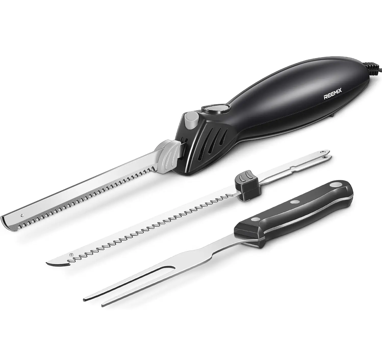 Reemix Black Electric Knife Set - 2 Blades (Meat, Bread), Carving Fork Included, Durable Kitchenware with 6-inch Wires, Dual Safety Lock, Precision and Control for Cutting Meats, Poultry, Crafting Foam, Rustproof