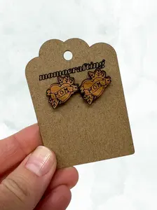 Mom Heart Tattoo Stud Earrings (Cherry Wood)
