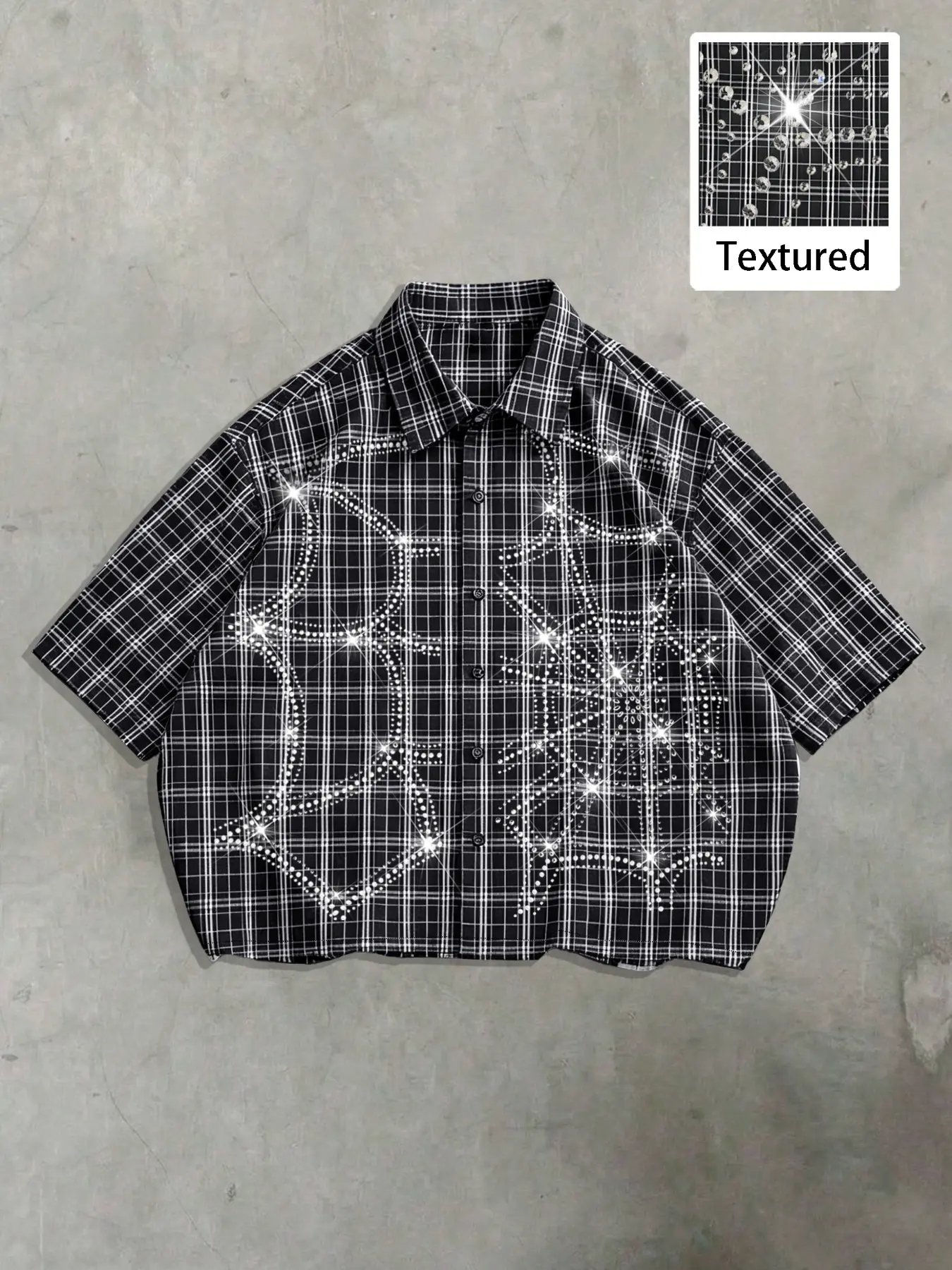 Men's Plaid Short Sleeve Casual Shirt, Graphic Spider Web Rhinestone Design, Fashionable Daily Wear, Retro Trendy Essential for Men