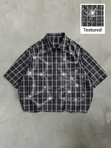 Men's Plaid Short Sleeve Casual Shirt, Graphic Spider Web Rhinestone Design, Fashionable Daily Wear, Retro Trendy Essential for Men