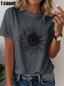 Plus size loose women's sunflower round neck T-shirt, fitted design, medium thickness fabric, comfortable casual top.