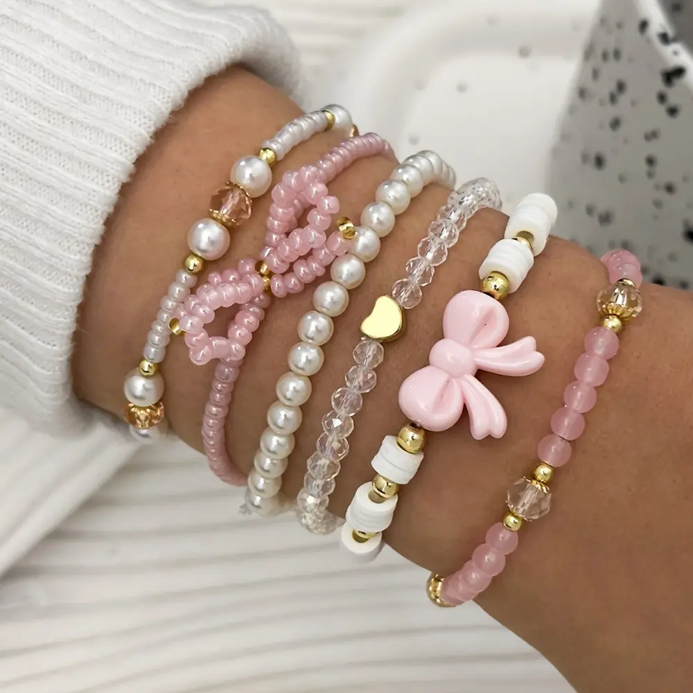6 Pcs Glass Bead Faux Pearl Soft Clay Bracelets Set, Cute Y2K Bow Heart Design, Handmade Layered Wear Jewelry for Women, Stackable Bracelets