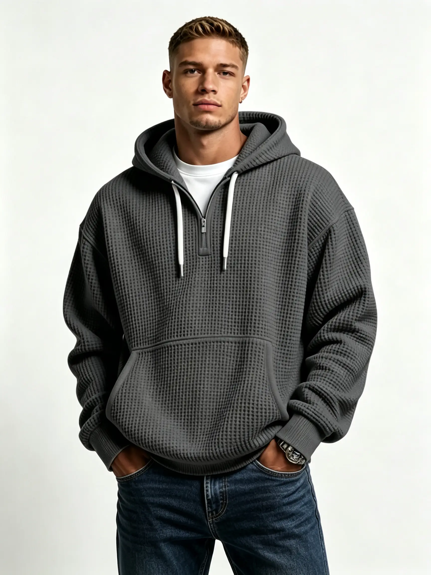 Men’s half-zip waffle-knit hooded sweatshirt with kangaroo pocket and drawstring, long sleeves, pullover hoodie—casual everyday top