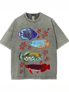 Women's Vintage Washed Cotton Streetwear T-Shirt - Retro Tropical Fish Graphic, Breathable Shortsleeve, Oversized Ocean Aquatic Aesthetic Casual Fabric Top,summerwins