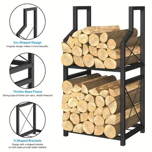 2 Tier Metal Framed Firewood Rack, Vertical Shelf, Indoor Fireplace Firewood Organizer, Firewood Storage Rack, Heavy Duty, with Vent, Wood Stacking Rack for Fireplaces, Hearths, Patio, Fireplaces, Warming Houses Gifts, Holds 220.46 Lbs of Firewood