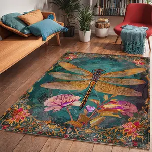 Vintage Dragonfly Floral Print Carpet, Foldable Washable Anti-Slip Large Area Floral Pattern Rug for Living Room Bedroom Sofa Dining Hall Hotel, Machine Washable Rugs