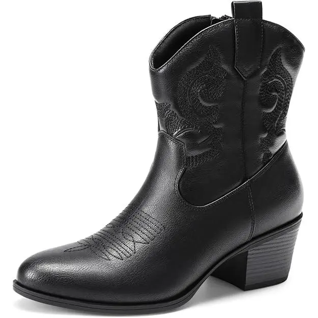 Dream Pairs Women's Embroidered Western Ankle Booties with a Chunky Block Heel and Side Zipper, Faux Leather Statement Cowboy Shoes, Wedge, Classic, Footwear, Western Elegance, Ankle Length, Round Toe, Rodeo Outfit Inspo, Western Ootd
