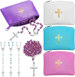 8 Pcs Rosary Pouch with Catholic Rosary Beads Necklace Set for Women Leather Holder with Zipper Gold Cross Imprint Case Portable Religious Bag for Travel Christmas