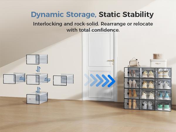 Clear Shoe Storage Boxes, 12-Pack Plastic Stackable Shoe Containers with Lids, Display Sneaker Case Organizer for Closet, Under Bed, Entryway,Black (Fit Size 9)