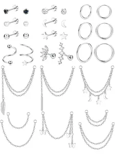 20G Cartilage Earrings Set for Women Huggie Hoop Earrings Flat Back Earrings Star Moon Butterfly CZ Cartilage Stud Earrings Chain Dangle Helix Tragus Piercing Jewelry