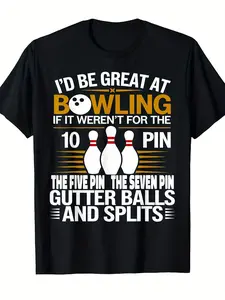 Men'S Funny Bowling Saying T-Shirt - "I'd Be Great at Bowling If It Didn't for the 10 Pin" Graphic, with & Orange Print, Breathable Crew Neck Regular Fit Casual Tee for Summer, Bowling Parties & Casual Attire - Humorous Gift for Bowlers