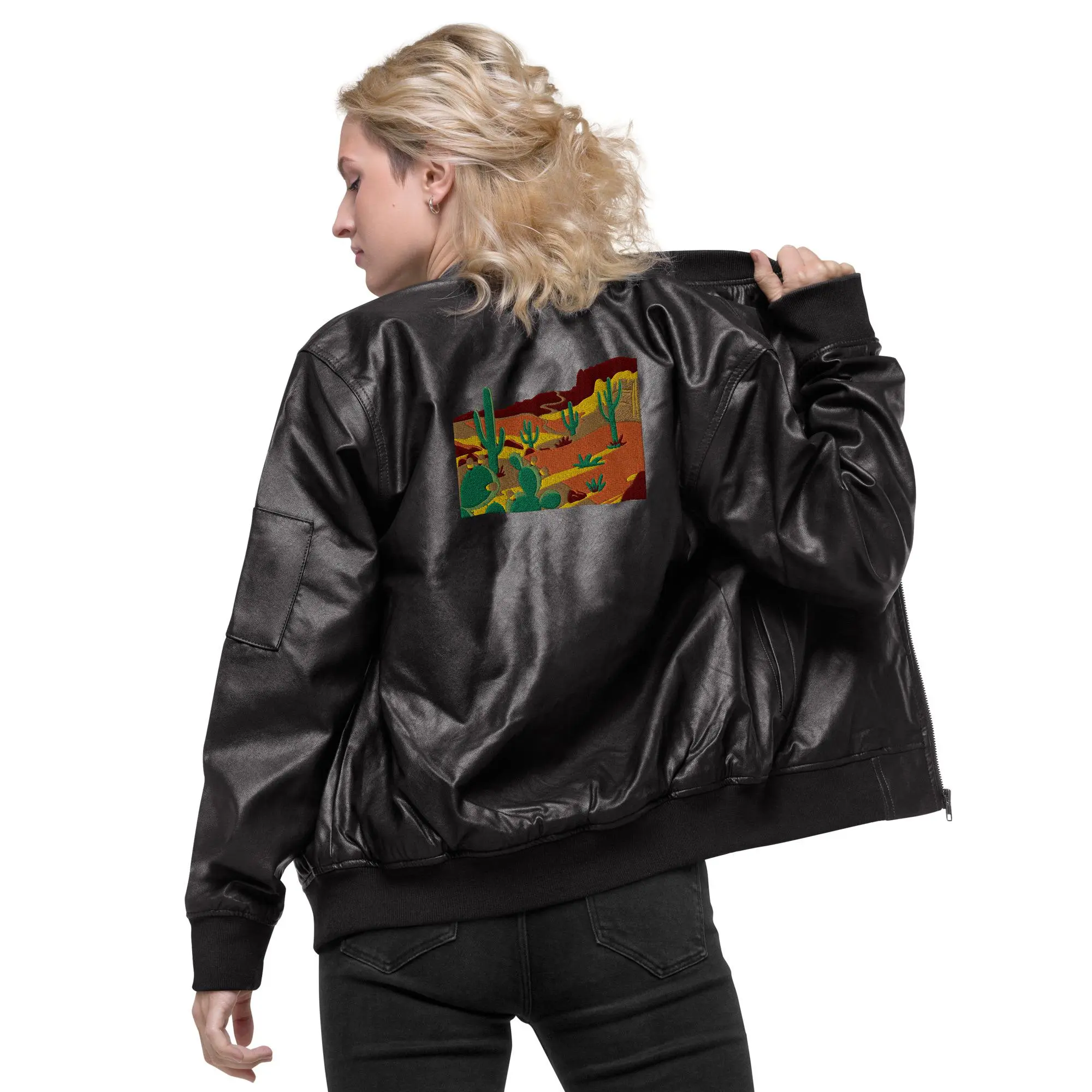 desert southwest embroidery | women leather bomber jacket