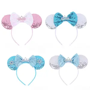 2026 New Sequin Ear Headband with Bow, Blue Diamond Sequin Mouse Ears, Holiday Party Supplies, Cute Costume Accessory, Mouse Ear Headbands