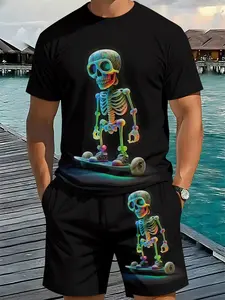 Colorful Bone Skateboard Boy 3D Digital Print Two-Piece Set, 2Pcs, Trendy Fashion Set, Trendy Retro Casual Two-Piece Set, Vacation Style Trendy Outfit, Breathable Sports Casual Style, Perfect Holiday Gift for Men, Menswear