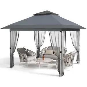 12'x12' Gazebo Outdoor Pop up Canopy Tent with Curtains and 144 Square Shelter for Patio,Backyard Party, with Mosquito Netting, 2-Tiered Vented Top (Gray)