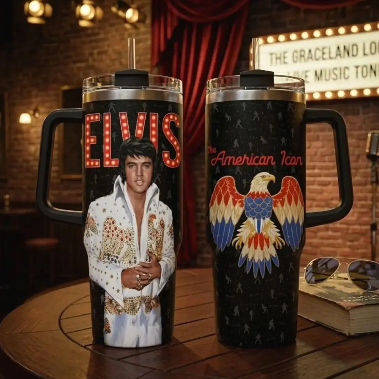 Elvis American Icon Tumbler, 30oz 40oz Rock Music Legend Travel Cup, Patriotic Eagle Graphic Drinkware, Handle And Straw Cup
