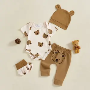 Newborn Baby Boy Summer Outfit Bear Print Short Sleeve Round Neck Romper with Pants and Cute Hat Shoes Set Infant Summer Clothes