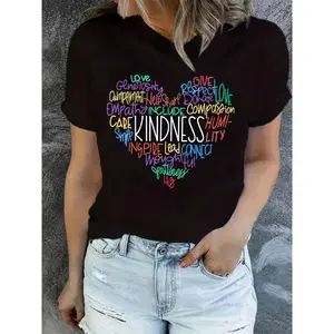 Heart Letter Print Crew Neck T-shirt, Casual Short Sleeve Top For Spring & Summer, Women's Clothing