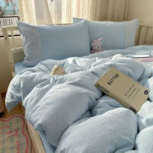 Blue Gingham Duvet Cover Full Size - 3 Piece Cottagecore Bedding Set with Lace Trim, Soft Washed Microfiber Vintage Grid Comforter Cover & Pillow Shams, (Blue White Gingham)