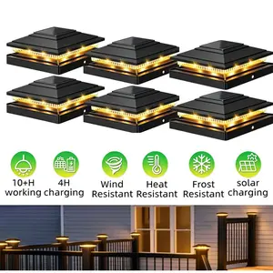 6 Pack Solar Post Cap Lights, 4x4 Outdoor Waterproof LED Deck Fence Lamp, 8 Bright LED Beads, IP64 Weatherproof, Auto On/Off Warm White Lighting for Patio Garden Yard Decor