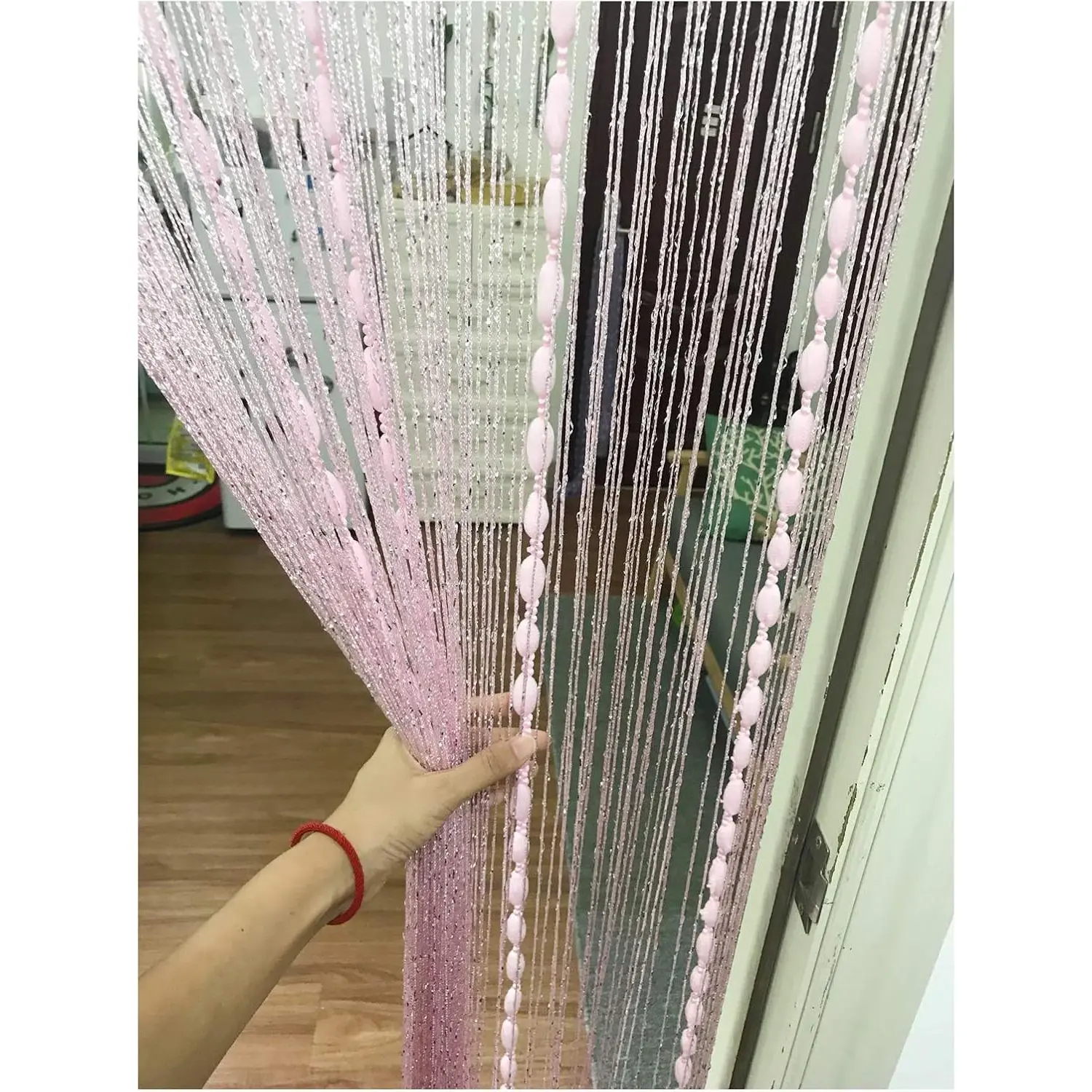 Door String Flat Silver Ribbon with Shaggy Tassel Room Divider, 39’’x79’’ (Pink-style2)