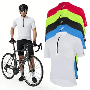 Men’s summer solid-color cycling apparel featuring a half-zip stand collar design with zippered pockets, suitable for outdoor cycling sports; breathable, comfortable, and quick-drying.#SummerVibes