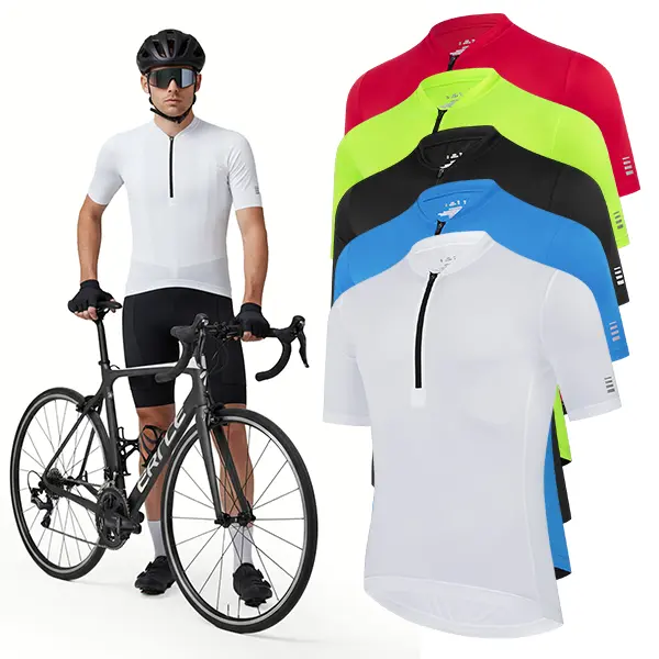 Men’s summer solid-color cycling apparel featuring a half-zip stand collar design with zippered pockets, suitable for outdoor cycling sports; breathable, comfortable, and quick-drying.#SummerVibes