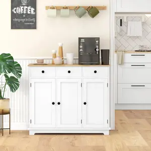 White Dining Room Sideboard with Solid Wood Top – Kitchen Storage Cabinet Featuring 3 Smooth-Glide Drawers & an Adjustable Interior Shelf – Versatile Buffet Console Table for Organizing China, Glassware, Table Linens & Silverware
