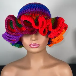 Handmade Crochet Wavy Brim Bucket Hat for Women - Vibrant Colors for Summer | Rainbow
