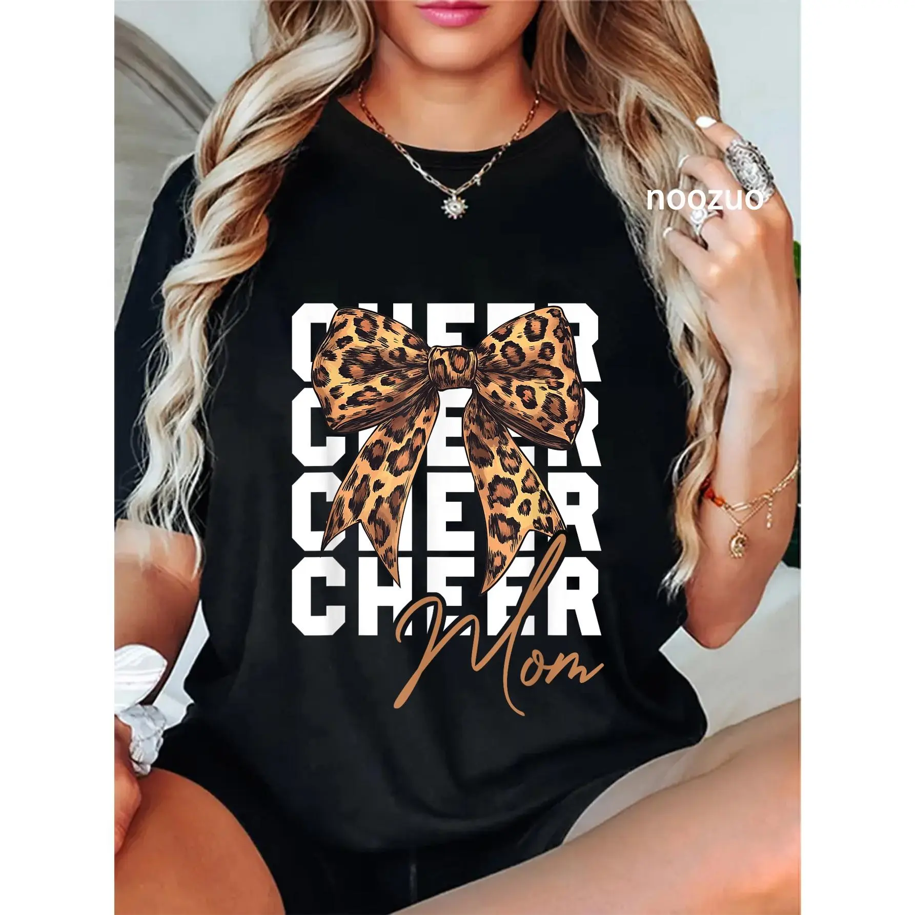 Women's Cheer Mom Graphic T-Shirt, Vintage Coquette Style with Leopard Print Bow, 100% Cotton Casual Round Neck Short-Sleeve Top, Tshirt, Colorful Style, Casual Chic Top, Regular Sleeves