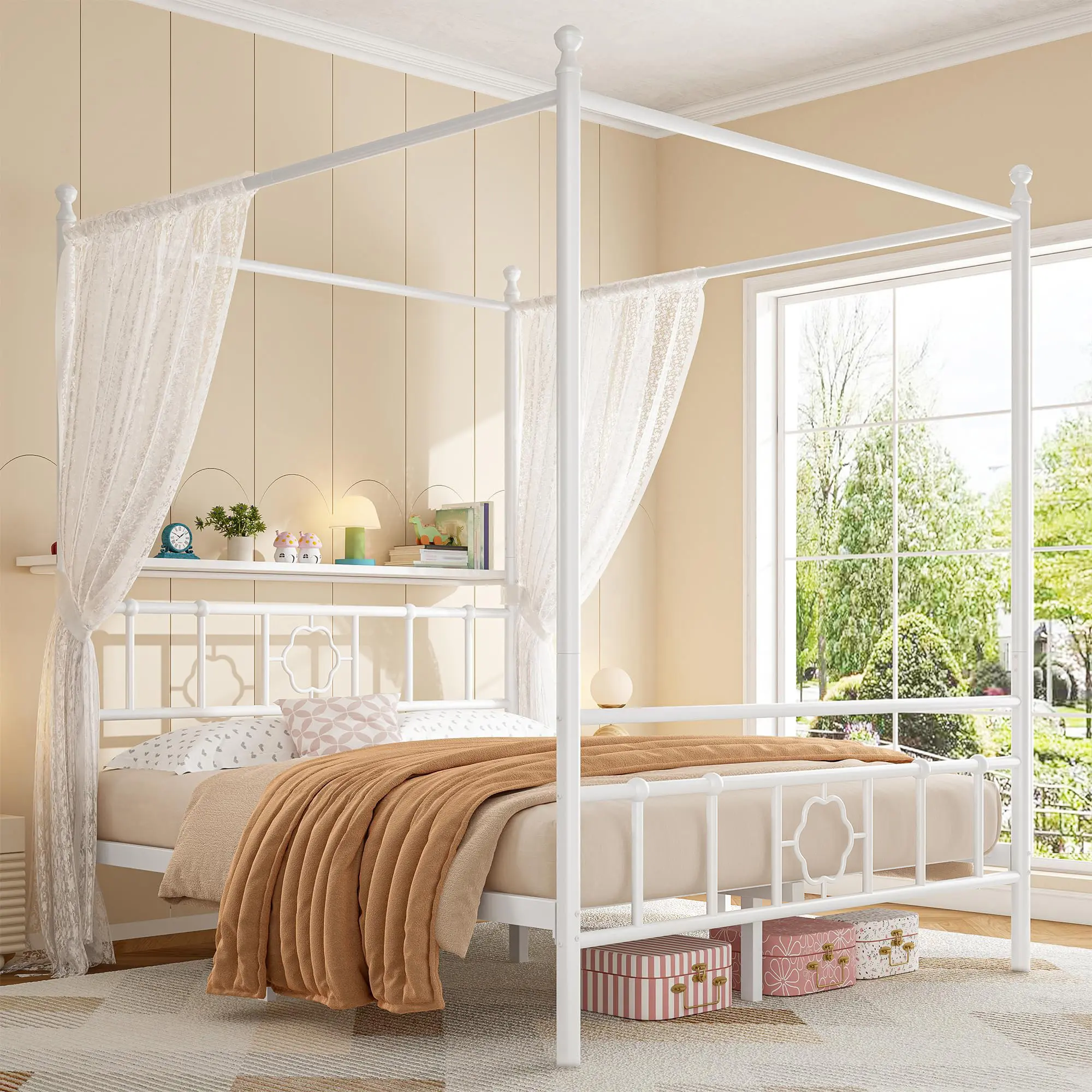 Raybee Vintage Canopy Bed Frame with Storage Headboard, Dual Purpose Queen Size Bed Frame with 4 Removable Posts, Metal Platform Bed Frame with Storage, Dual Purpose, No Box Spring Needed, NO Noise, Capacity 880lbs, Full, Twin, White, Black