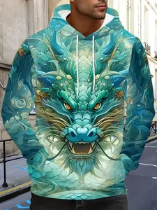 Men's Color Dragon Pattern Graphic Print Hoodie - Casual Sports Pullover with Kangaroo Pocket and Drawstring, Suitable for Spring and Autumn Outdoor Activities